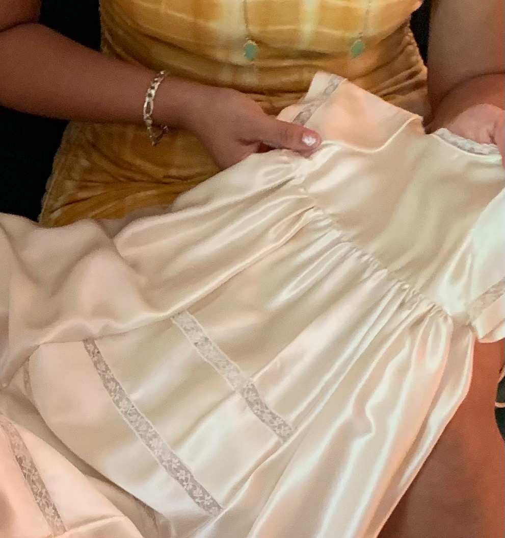 Ivory silk satin christening gown with hand-inserted lace panel rows — Kingdom Gowns Michigan