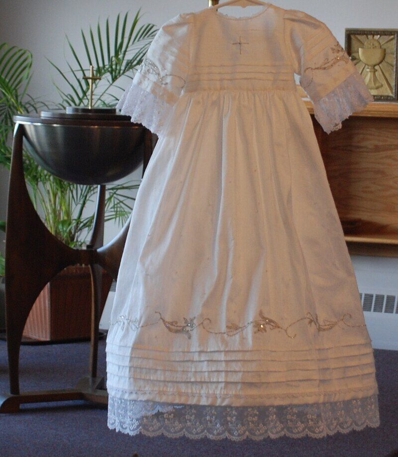 Ivory Kingdom Gowns christening gown worn at a church baptismal font ceremony — Michigan