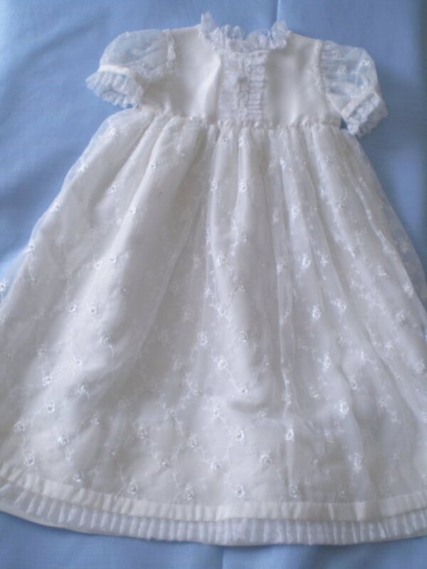 Baptism gown featuring full lace overlay and gathered puffed sleeves — Kingdom Gowns Michigan