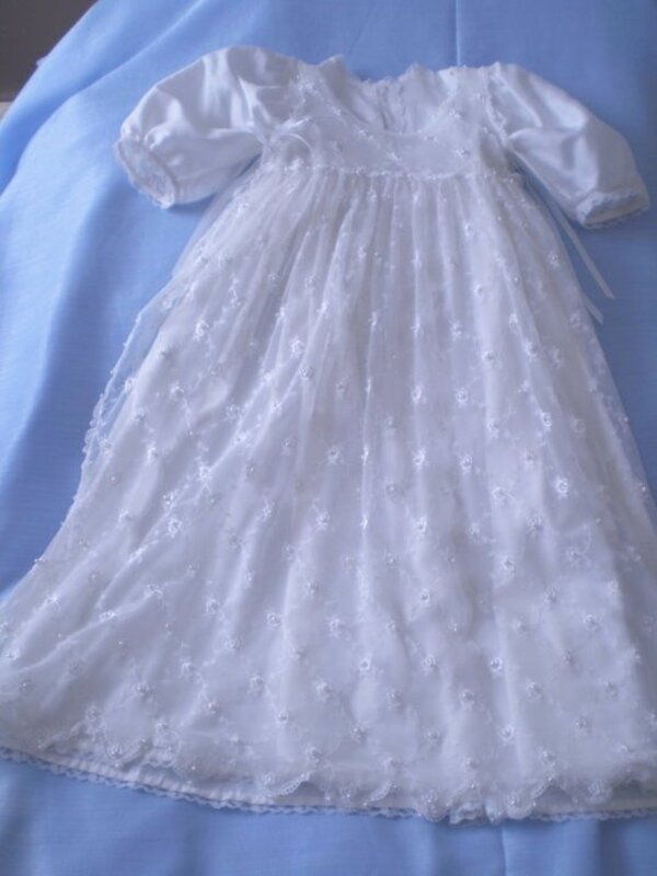 Christening gown with puffed short sleeves and full lace overlay skirt — Kingdom Gowns Michigan