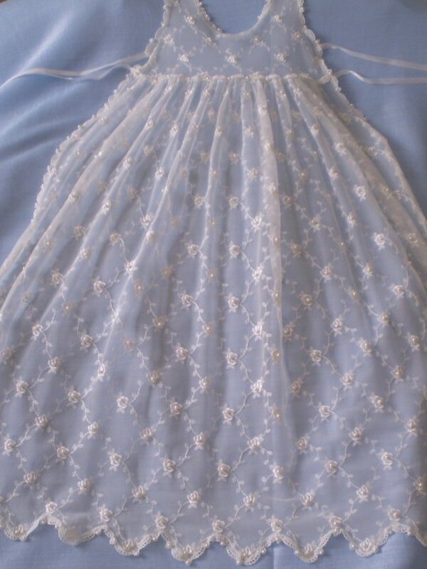 Sleeveless christening dress with rose embroidery and lace overlay skirt — Kingdom Gowns Michigan