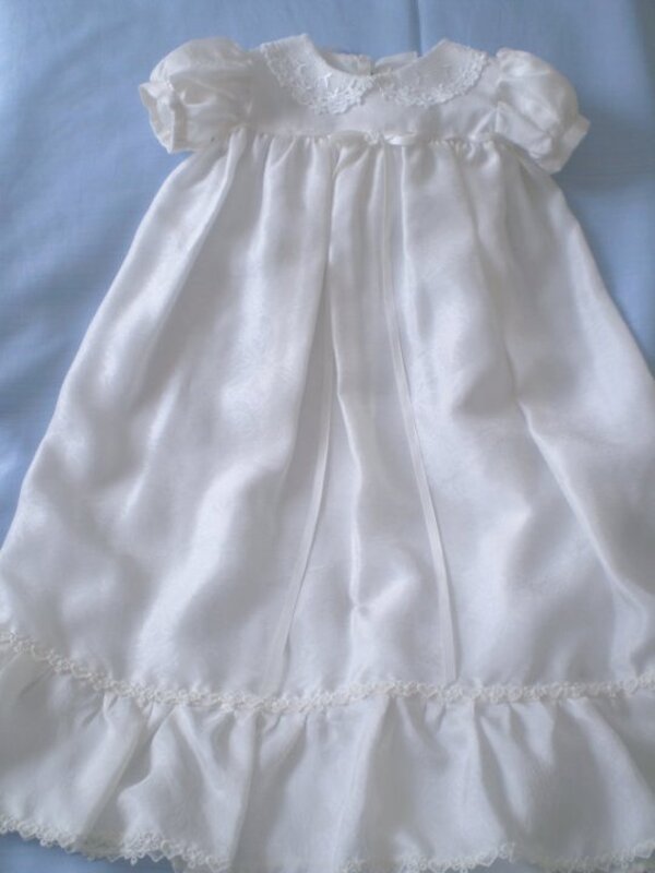 White satin christening gown featuring rounded lace collar and pintucked bodice — Kingdom Gowns Michigan